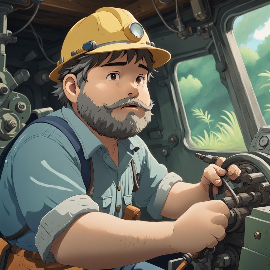 Chubby Geologist Driving a Drilling Machine in Ghibli Style