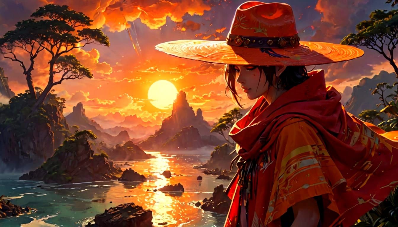 Surreal Solarpunk Sunset with Androgynous Figure