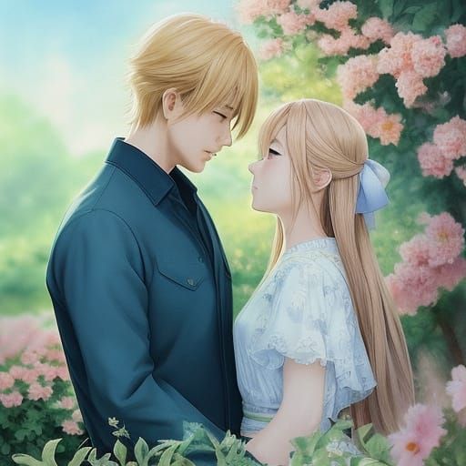 Dreamy Anime Portrait of Loving Couple in Serene Garden