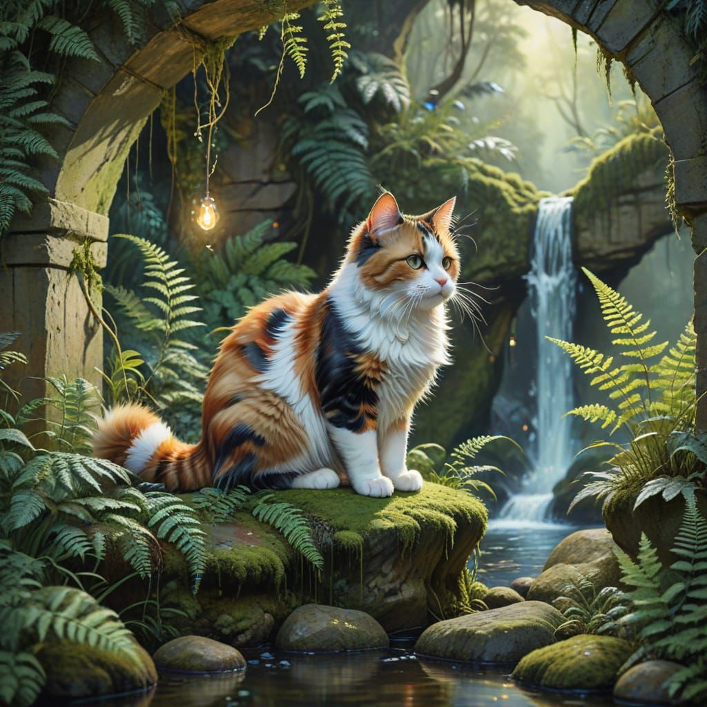 Fluffy Calico Cat on Archway by Hidden Waterfall