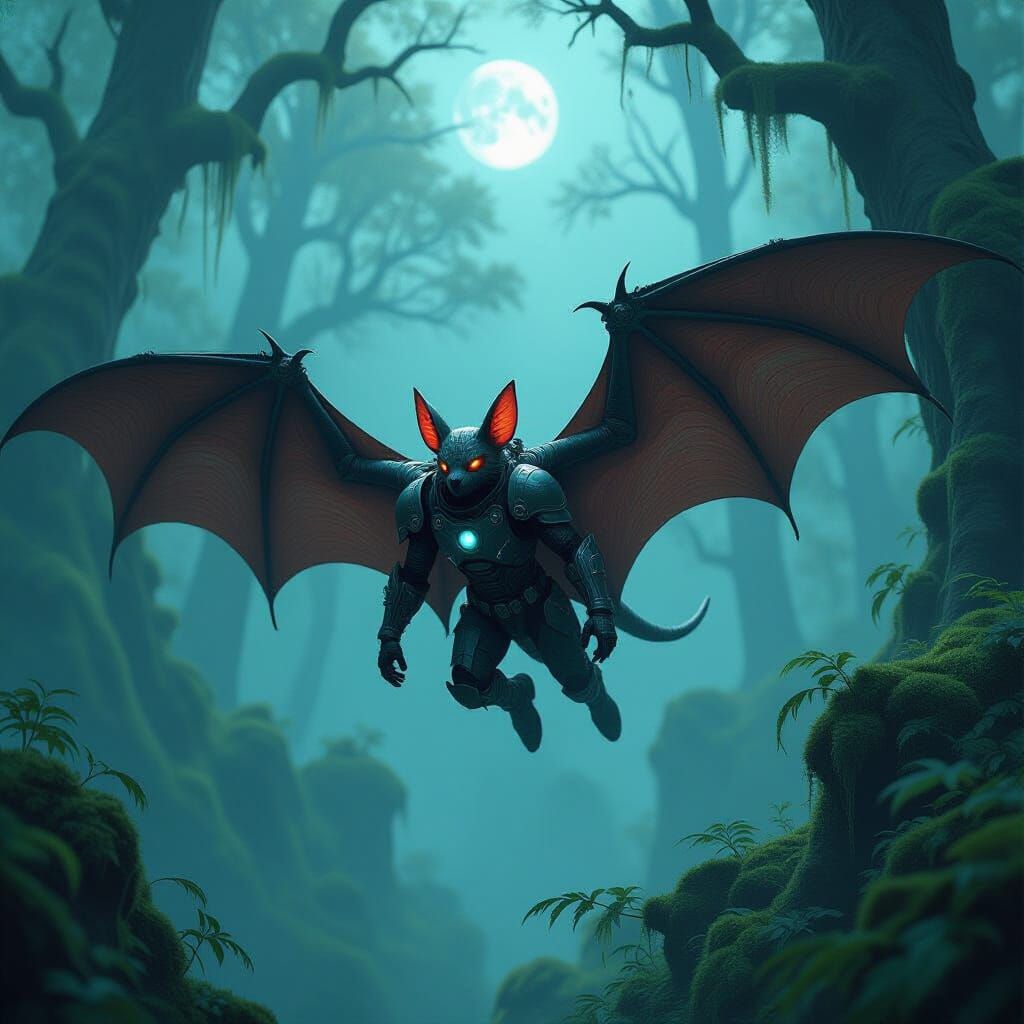 Cybernetic Vampire Bat Soaring Through Misty Forest