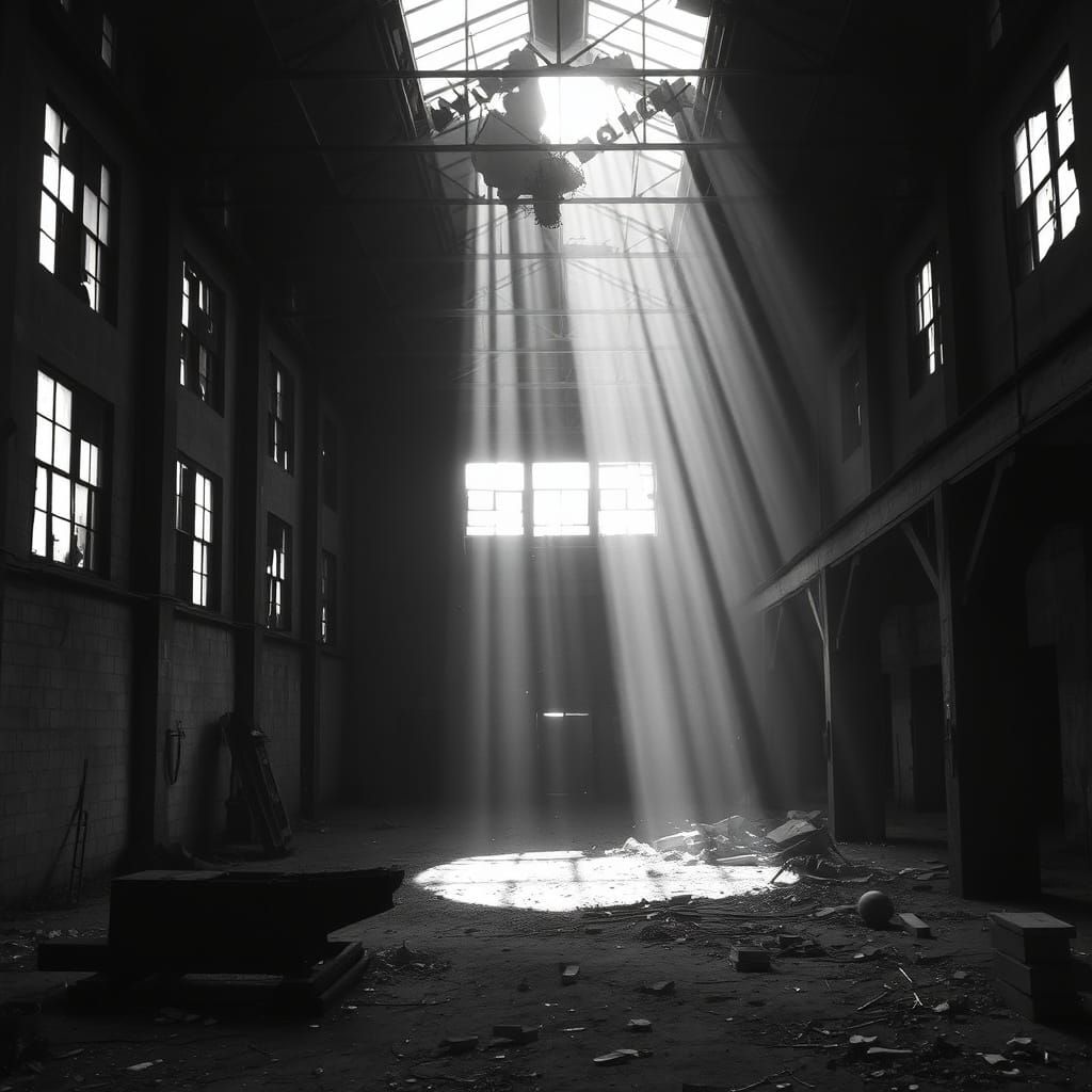 Abandoned Factory Interior in Dramatic Black and White