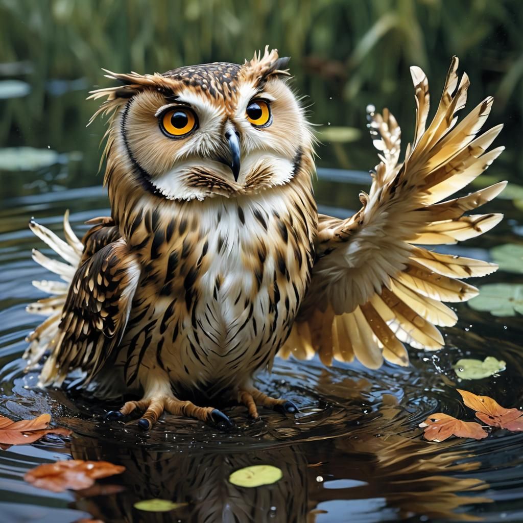 Joyful Owl Bathes in Pond, Carolyn Blish Style
