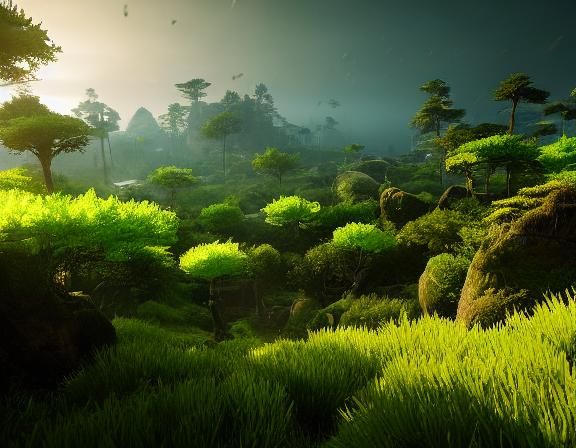 Sea of Green 3D Game Cinematic Feel, Epic 3D Videogame Graphics, Intricately Detailed, 8K Resolution, Dynamic Lighting, ...