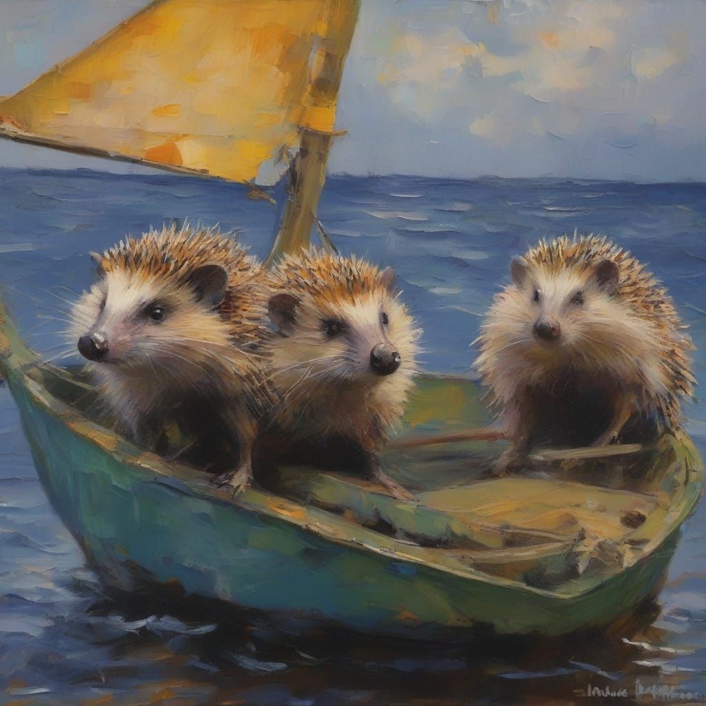 Hedgehog Fishermen on a Boat in Expressive Style