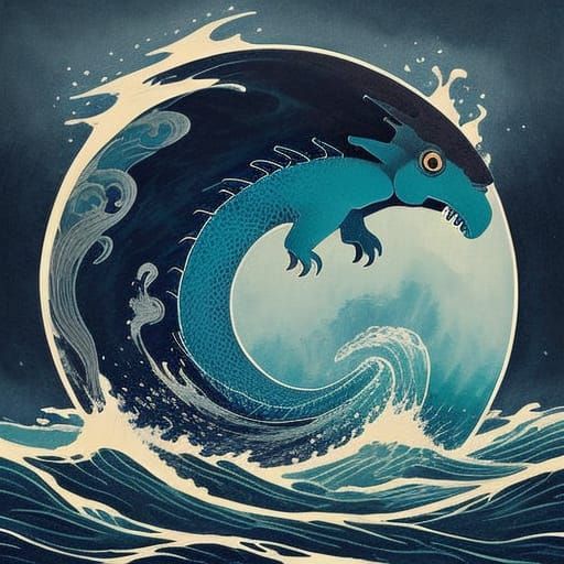 Void Dragon Emerges from Ocean Waves in Cubist Style