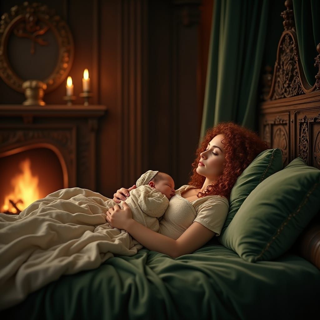 Young Mother in Castle Chamber, Velvet Gown, Candlelit Ambia...