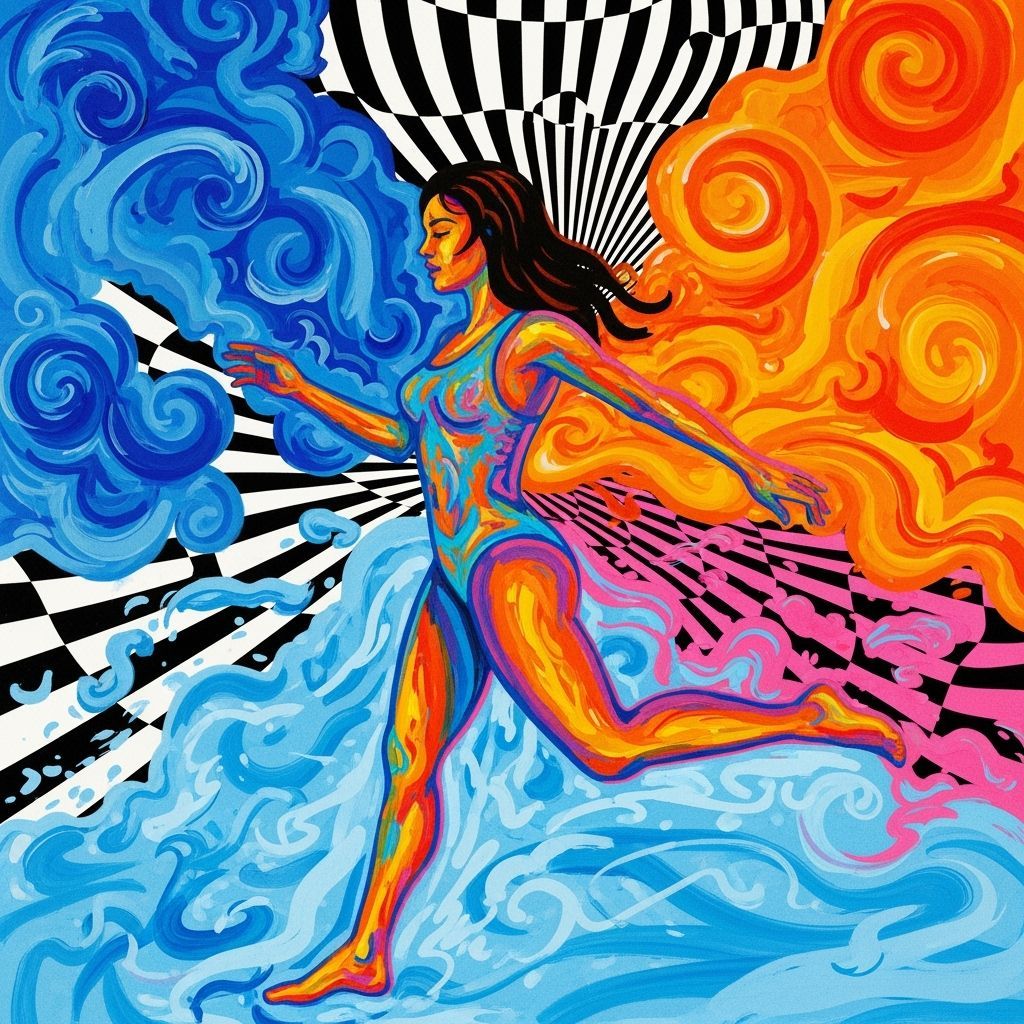 Vibrant Figure in Swirling Colors, Optical Art Style