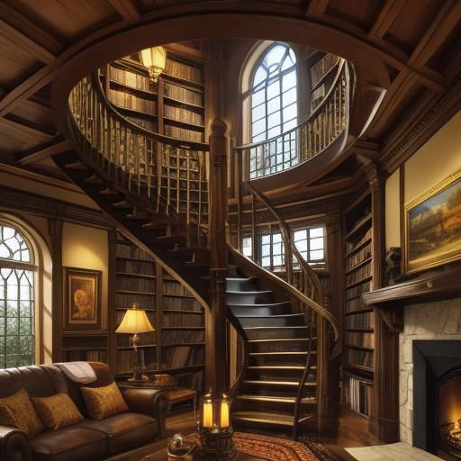 Inviting House Library with Spiral Staircase as Oil Painting