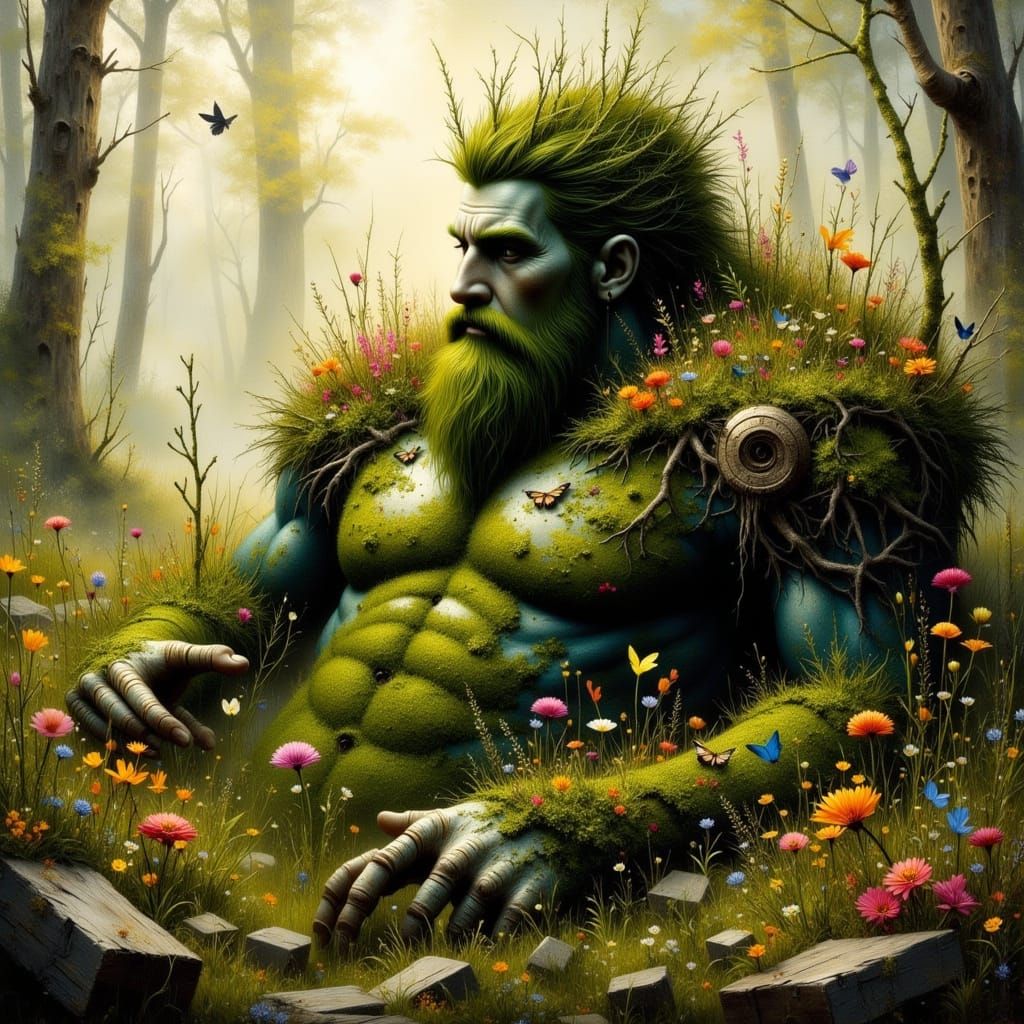 Moss Giant in Overgrown Meadow: Art Nouveau Punk