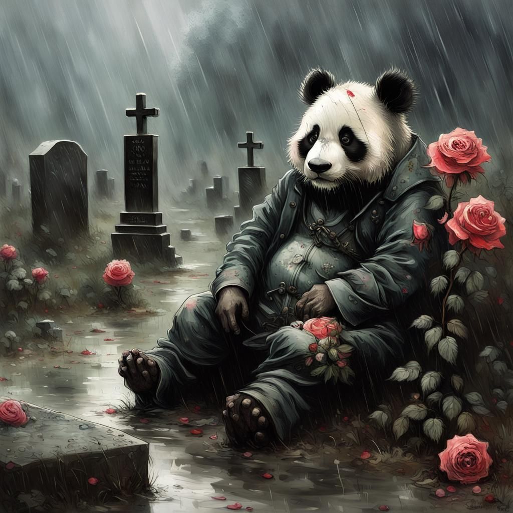 Panda at Gravestone in Gloomy, Vivid Arthur Rackham Style