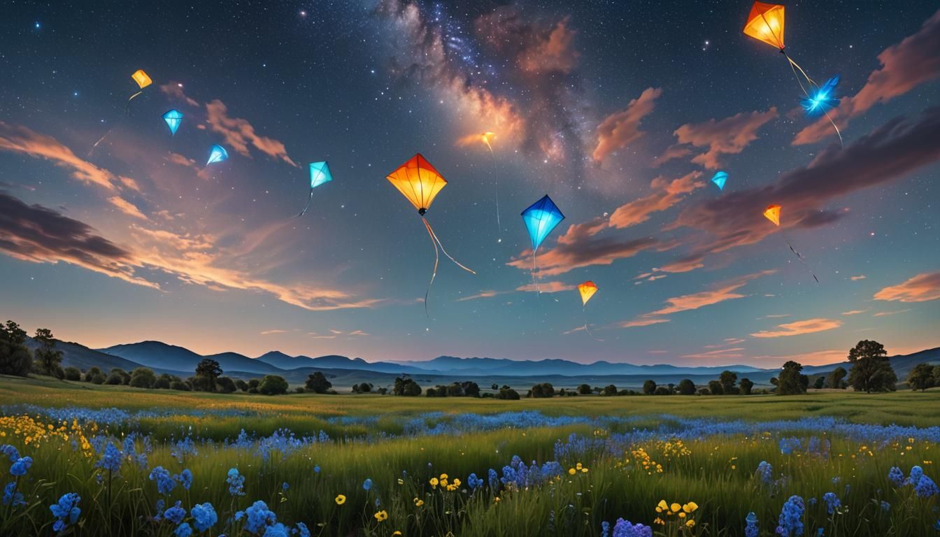 Bioluminescent Kites Under Cosmic Sky: Psychedelic Art