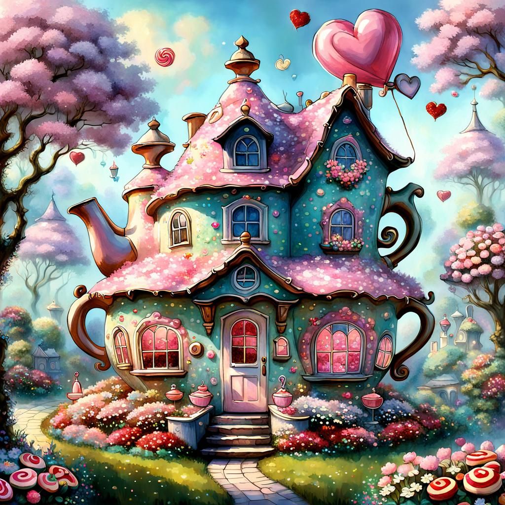 Whimsical Teapot House in Impressionist Style, Ultra-Fine Di...