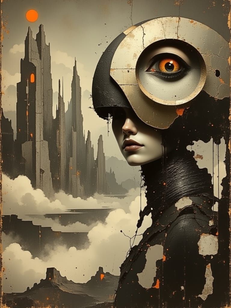 Desolate Android in Brutalist Dieselpunk Cityscape