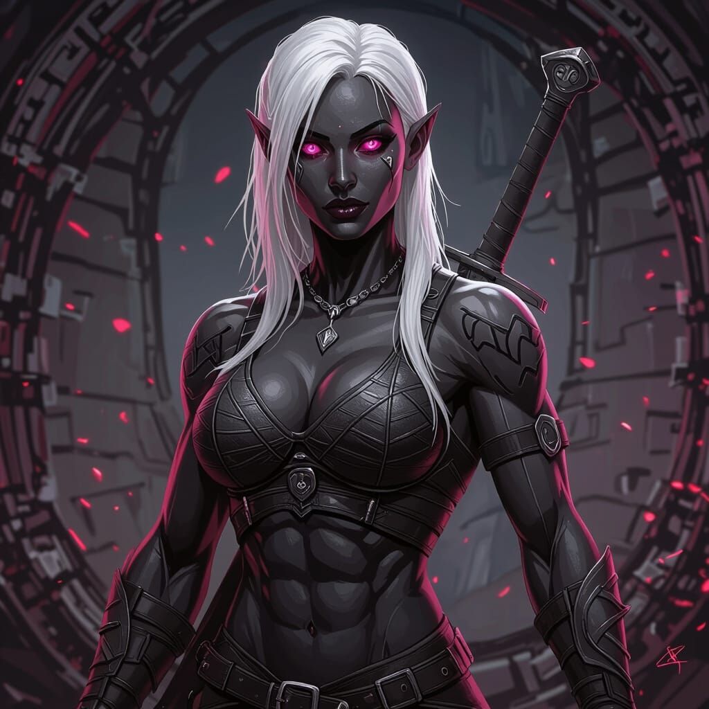Drow Masterpiece: Muscular Dark Elf with Pink Eyes