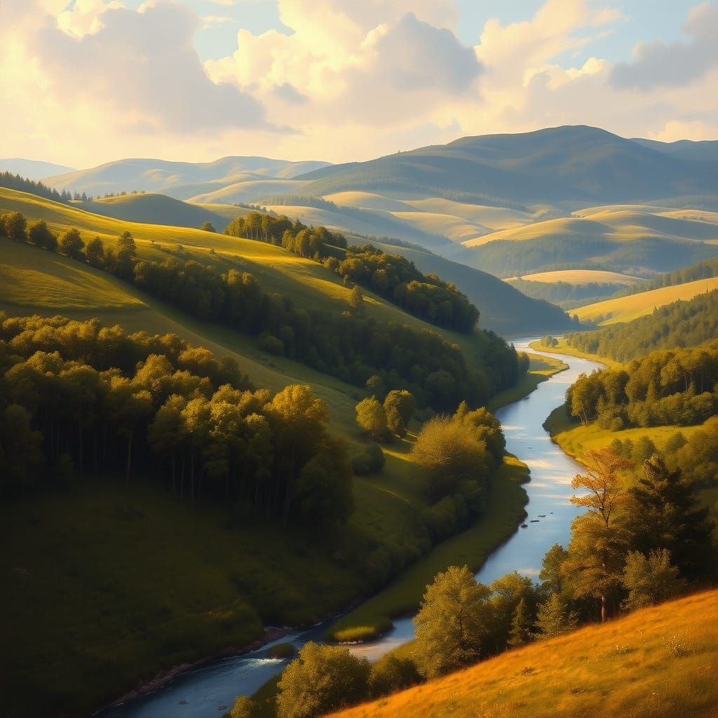Idyllic Vista with Rolling Hills and River