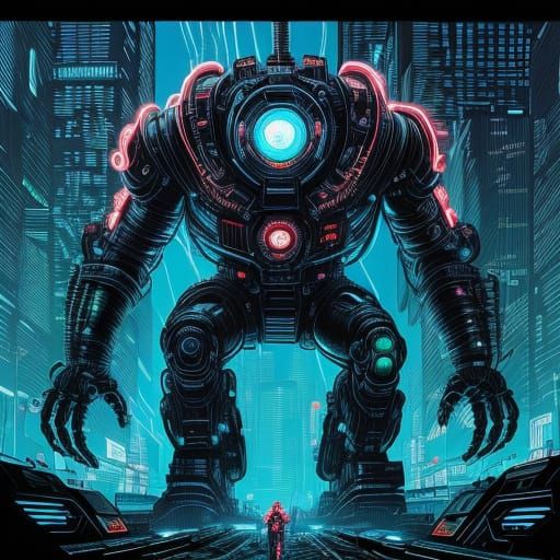 Cyberpunk Kraken Emerges from Neon Ocean