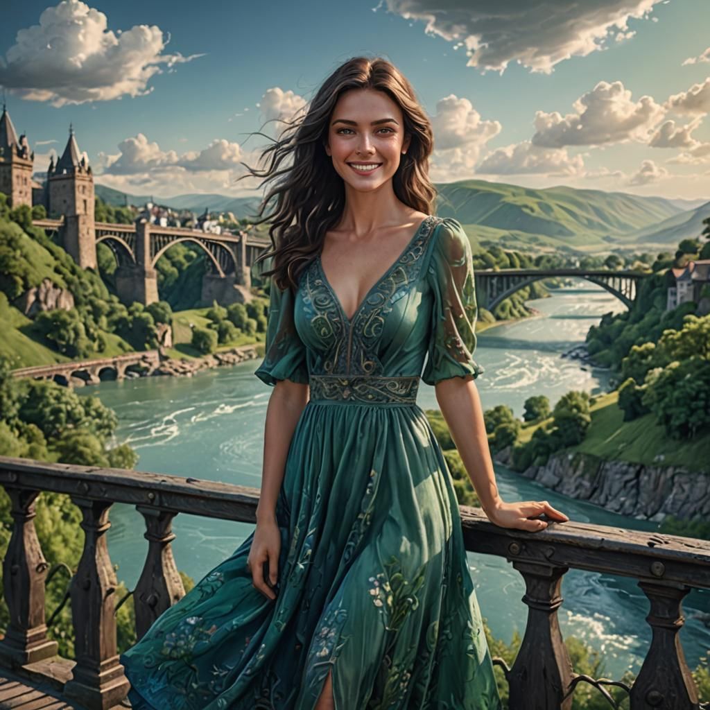 Stunning Brunette with Green Eyes on Bridge