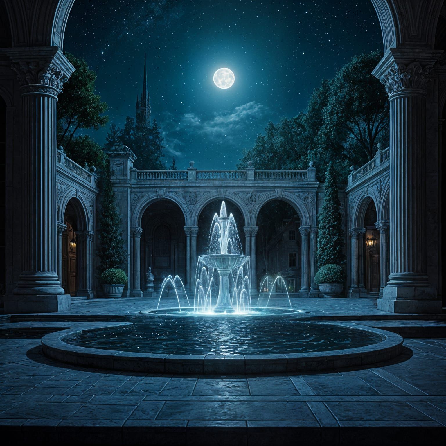 Glowing Fountain Reflects Moonlit Night Sky