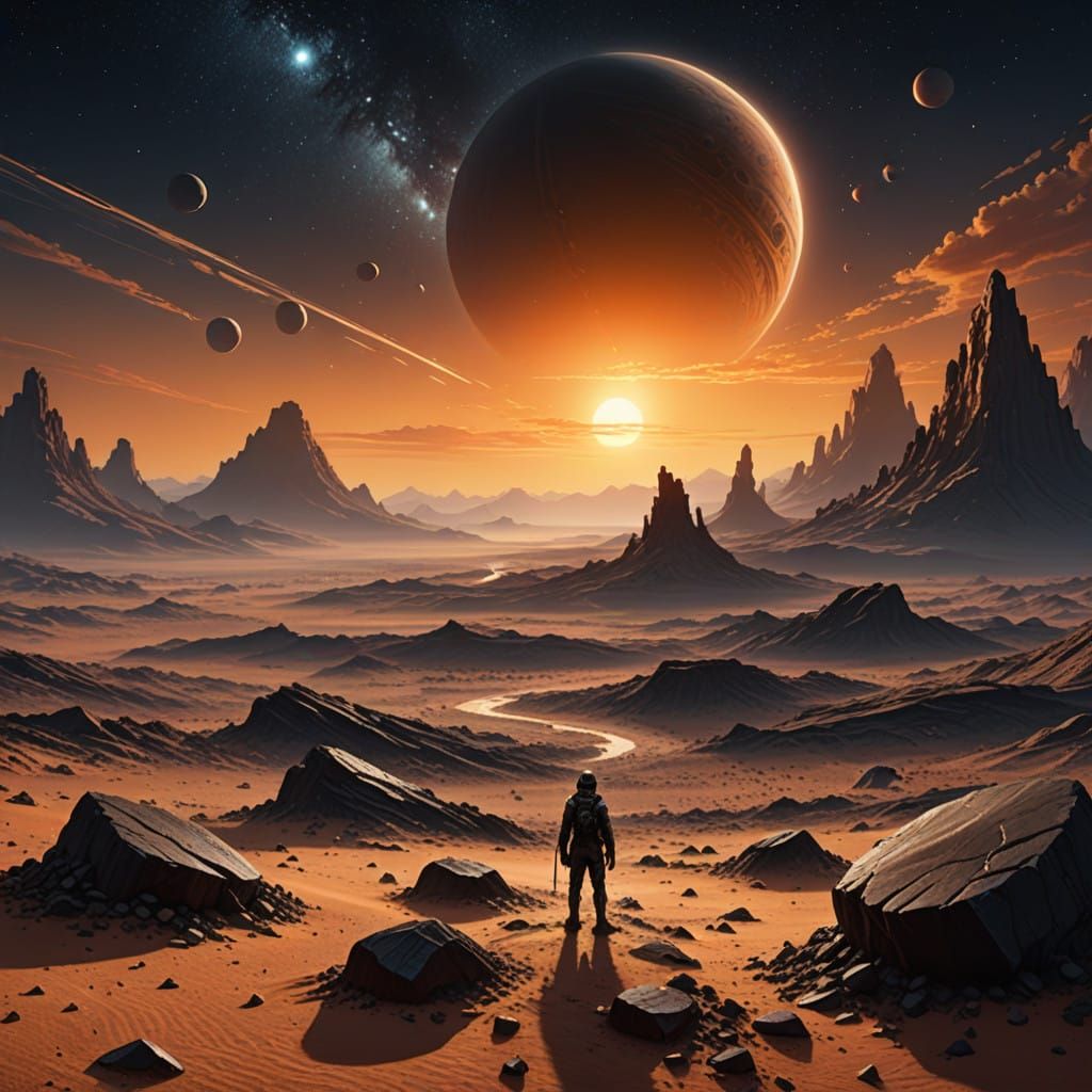 Lonely Man Stares at Sunrise in Alien Desert