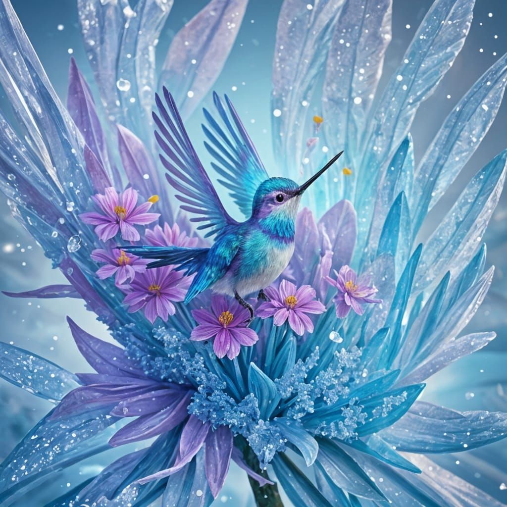 Ice Hummingbird with Frozen Flowers in Graffiti Art