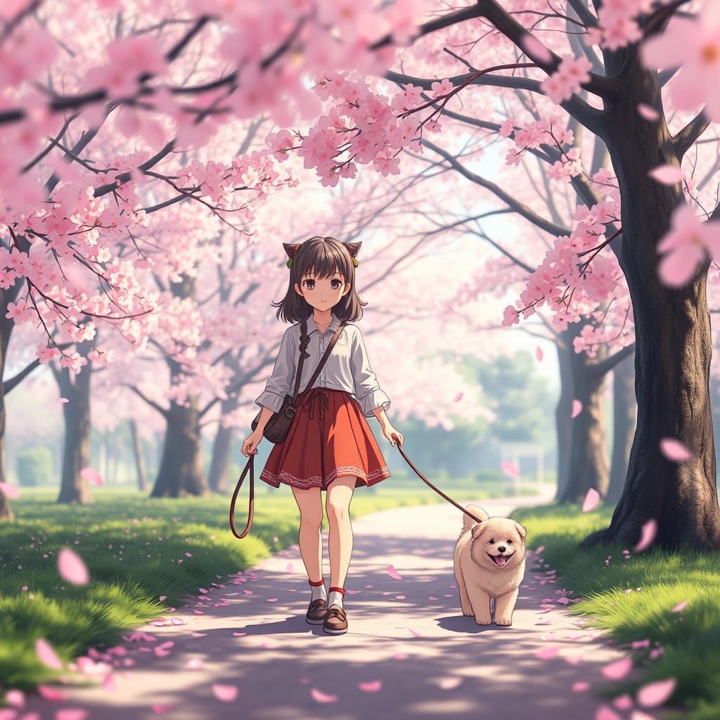 Girl and Fluffy Puppy in Cherry Blossom Park