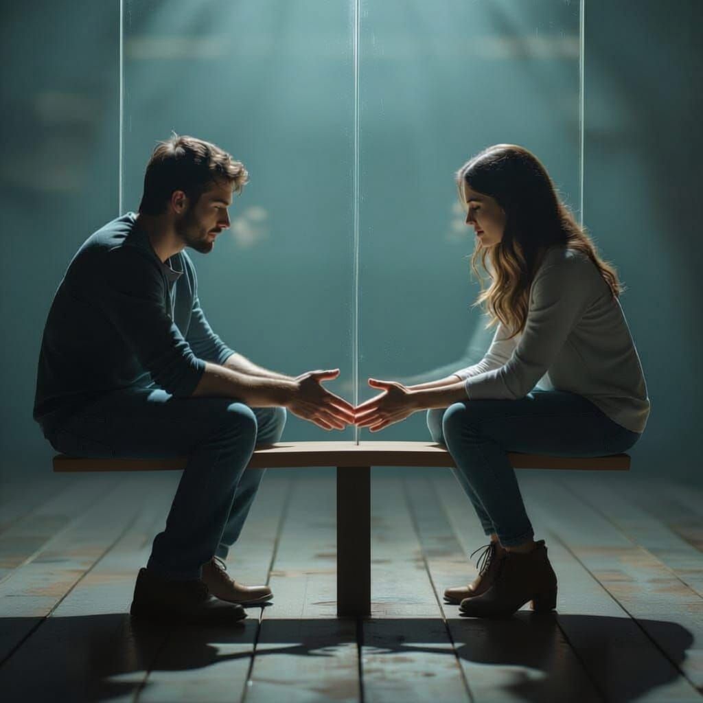 Couple Separated by Glass on Seesaw