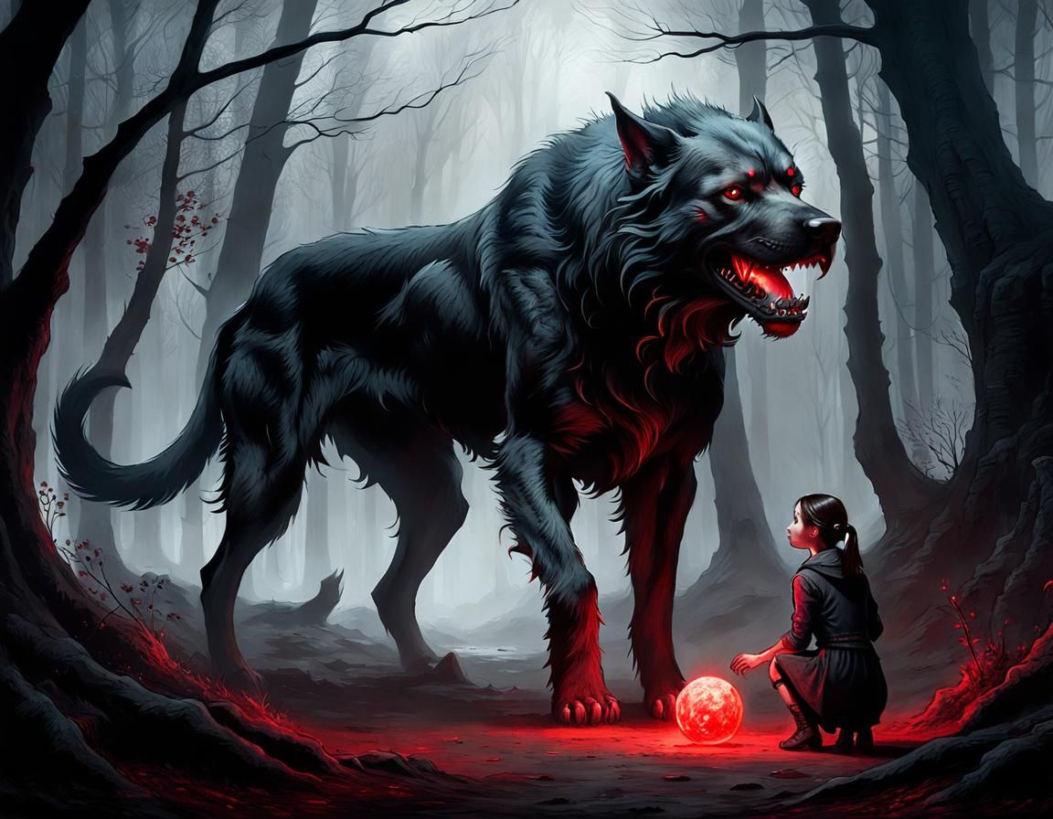 Girl Playing Fetch with Hellhound in Fantasy Style