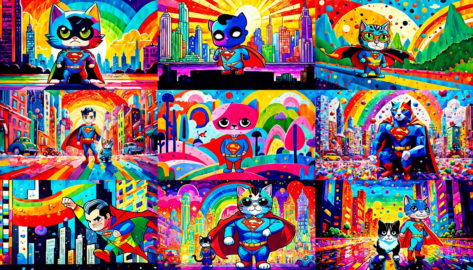 1920s Superman in Rainbow Suit, Chibi Acrylic Style