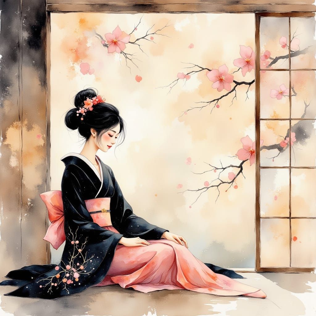 Japanese Woman in Kimono, Yamato-e Style