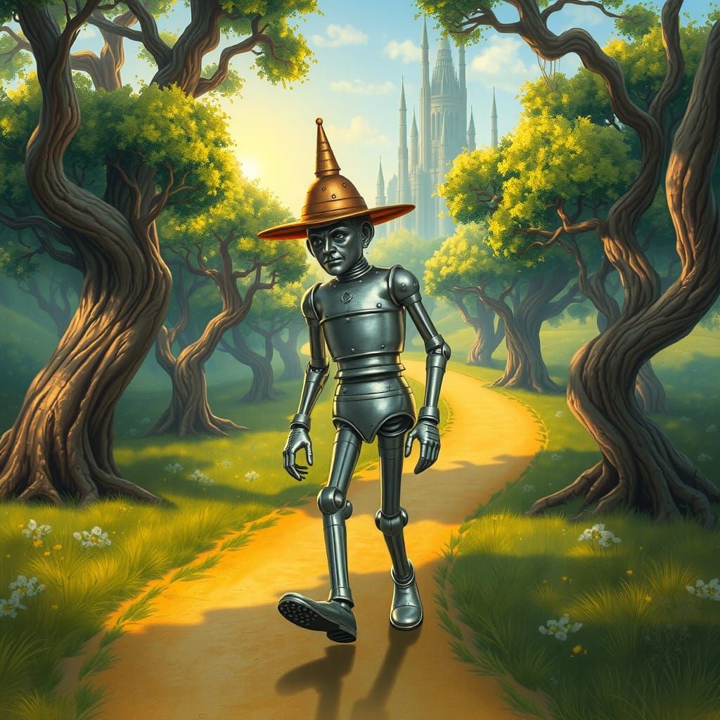 The Tin Man Wanders a Lush Yellow Brick Road in Whimsical, D...