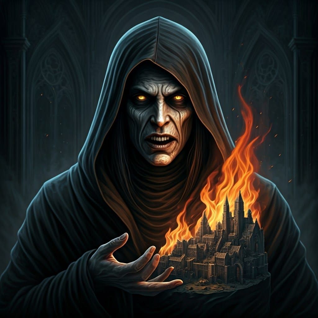Ominous Figure Ignites Cityscape in Gothic Illustration