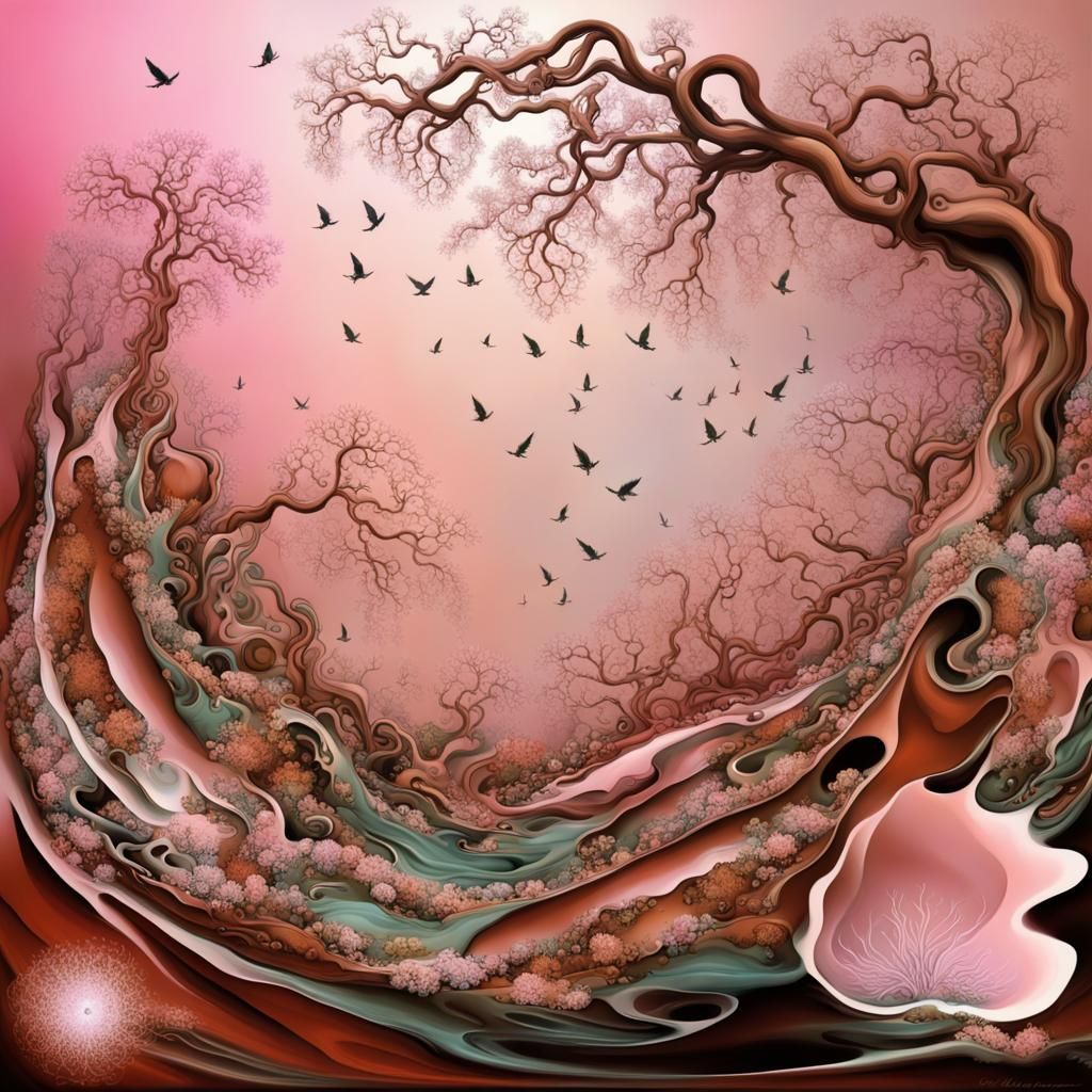 Abstract Surreal Birds in Cyberpunk Waterfall Landscape