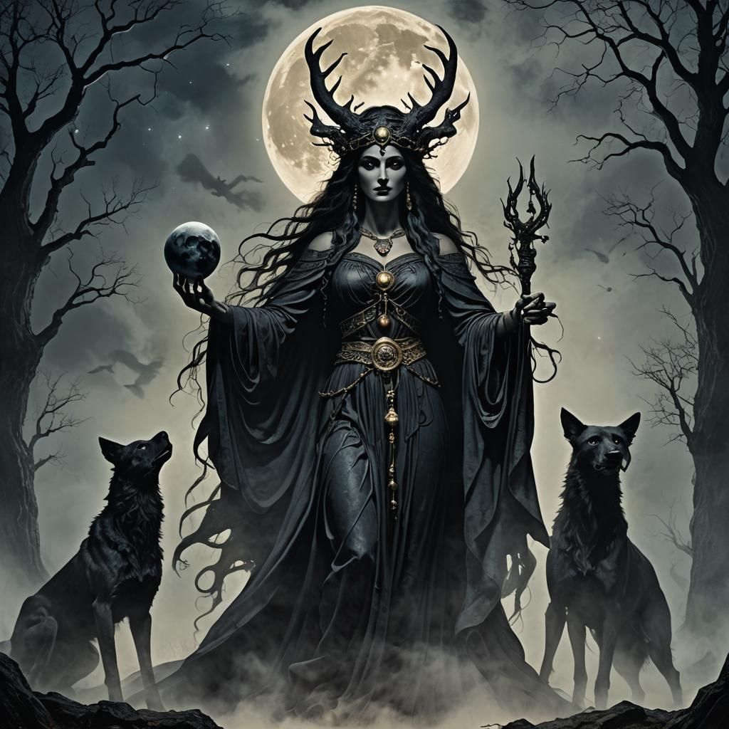 Hecate Guides Cerberus Under Moonlight: Baroque Noir Fantasy