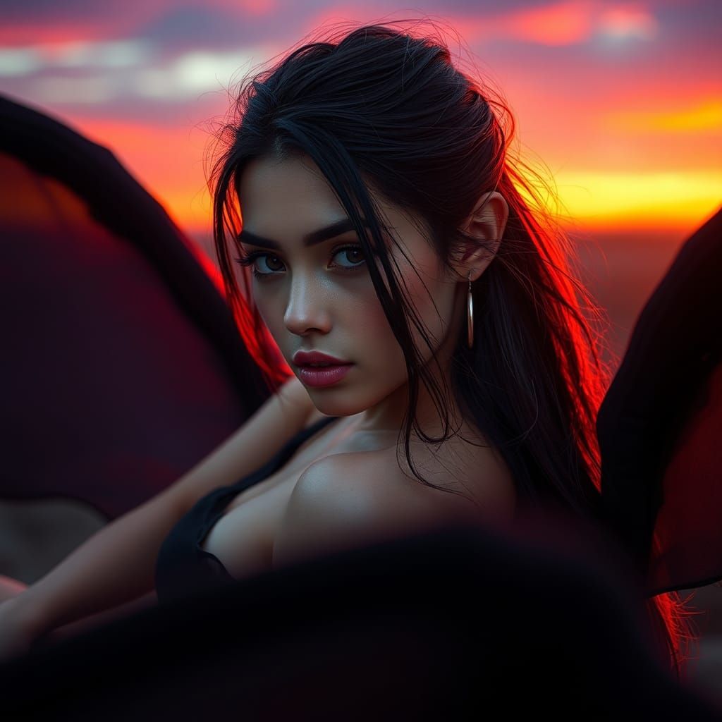 Hyperrealistic Woman on Panther at Sunset