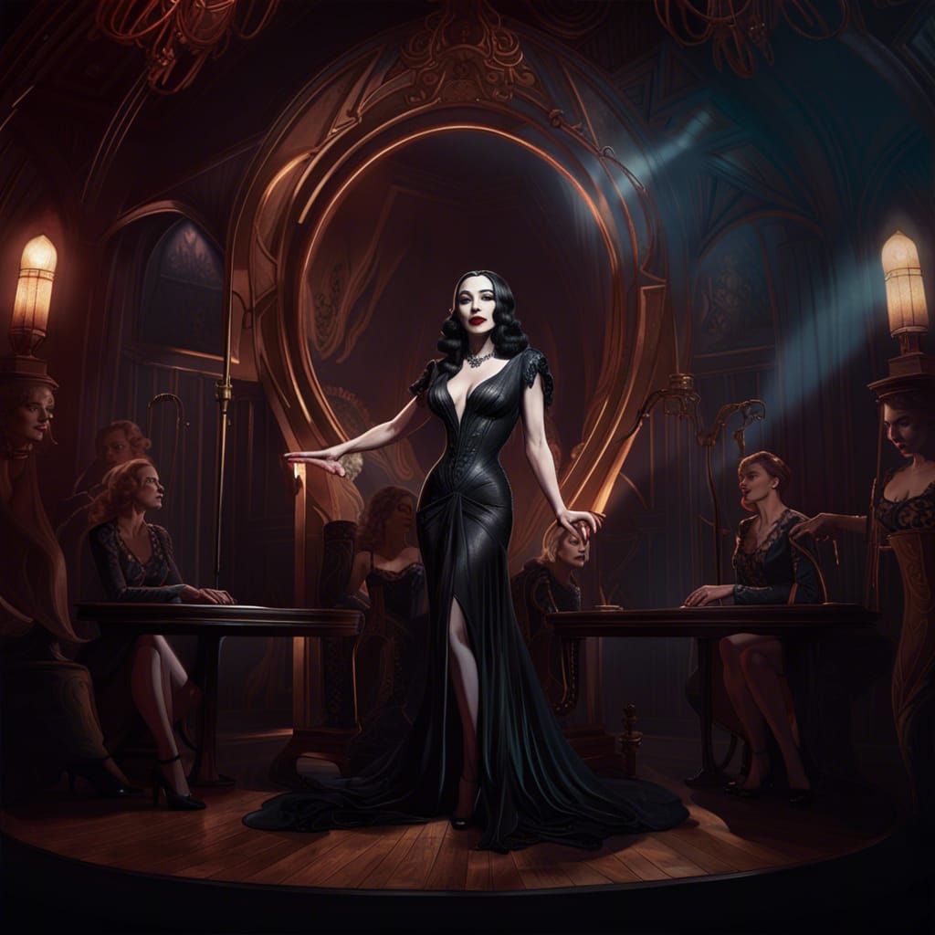 Morticia Addams Burlesque Dancer in Art Deco Style