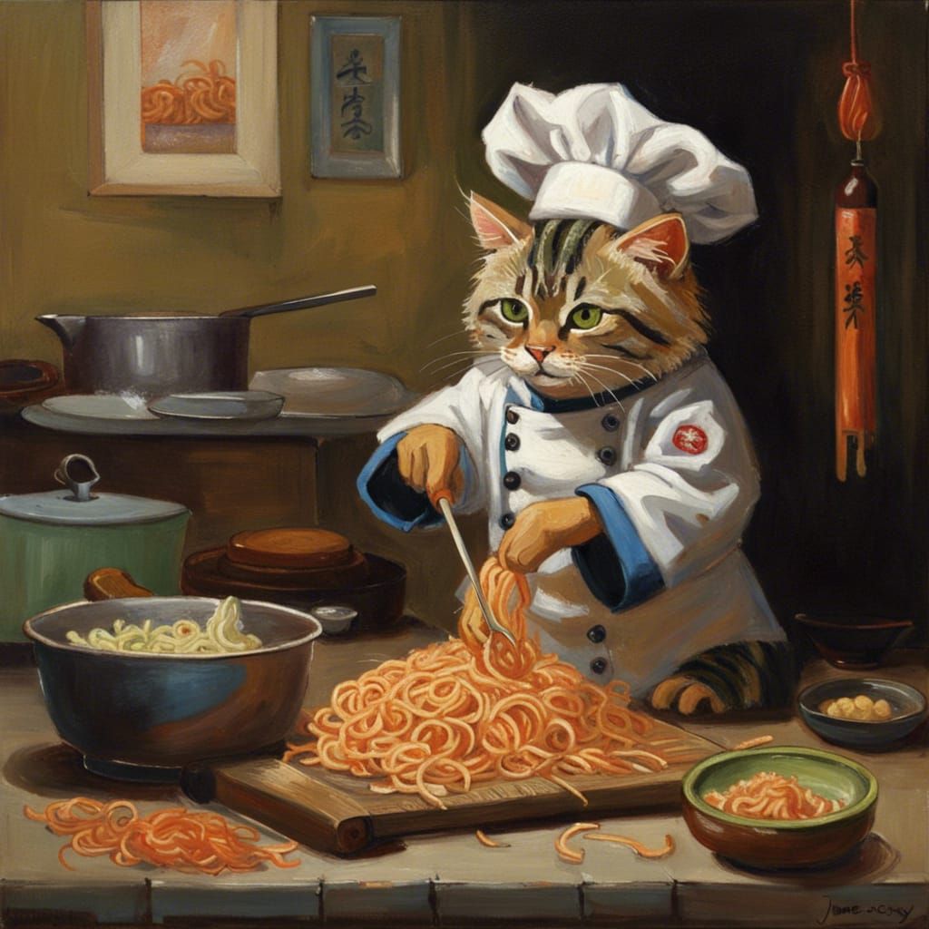 Cat Chef Cooking Yakisoba as Oil Painting