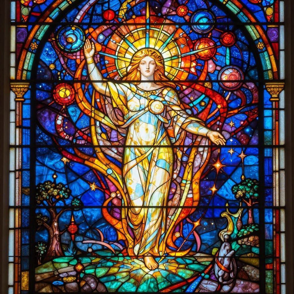 Divine Creation Illuminates New World in Stained Glass Style