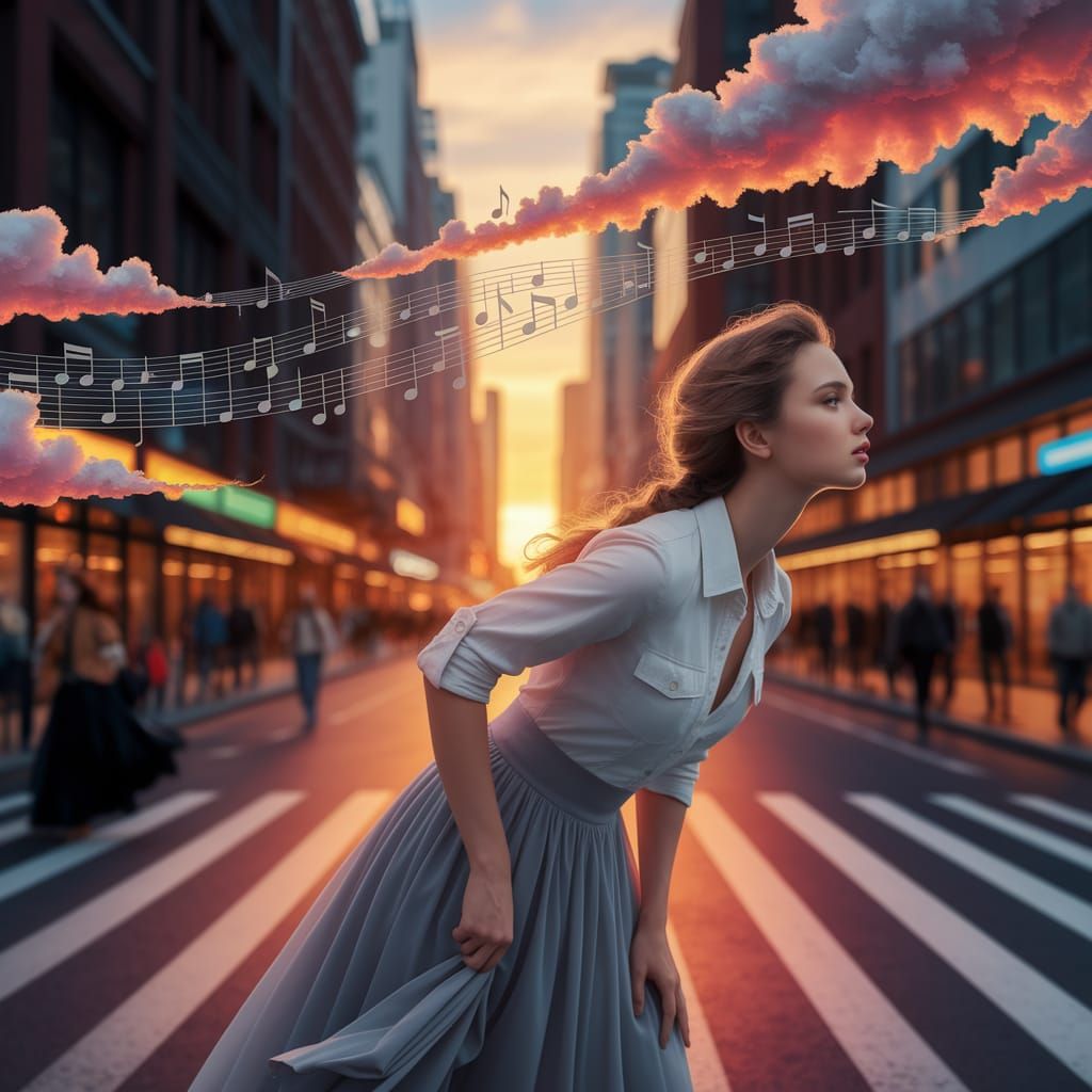 Elegant Woman in Sunset Cityscape with Musical Clouds