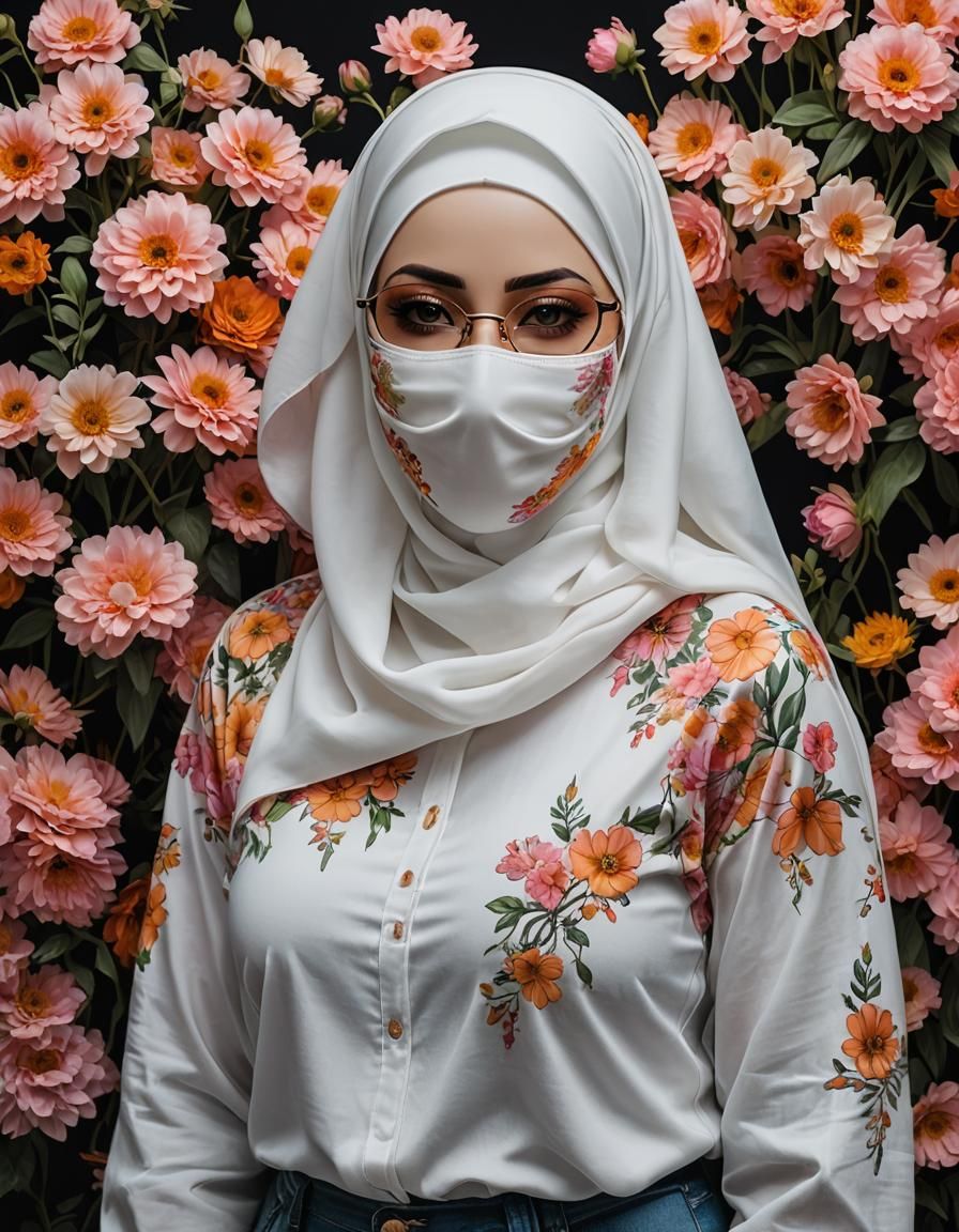 Psychedelic Portrait of Hijabi Woman with Flowers in Pop Art...