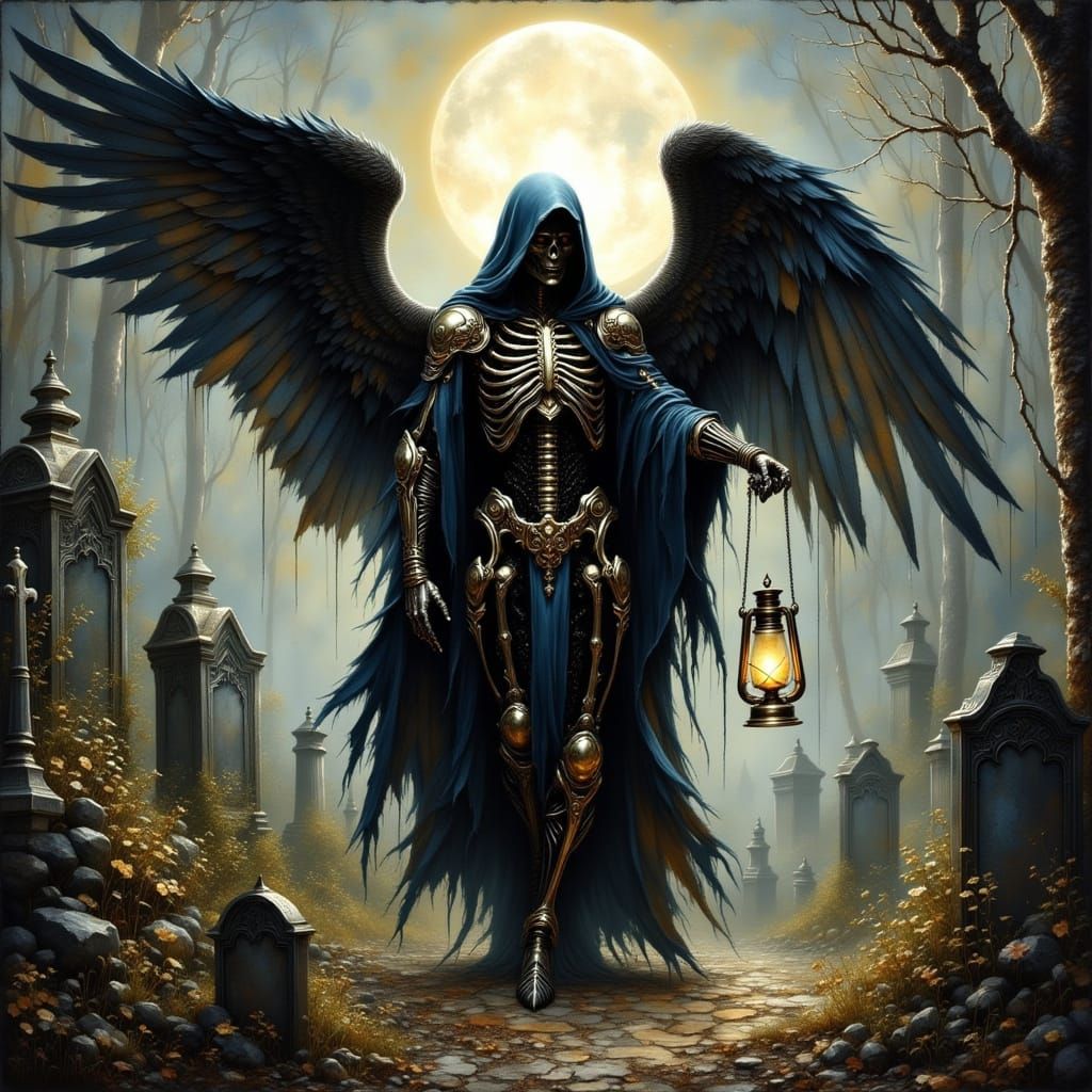 Gothic Angel Roams a Somber Graveyard at Midnight