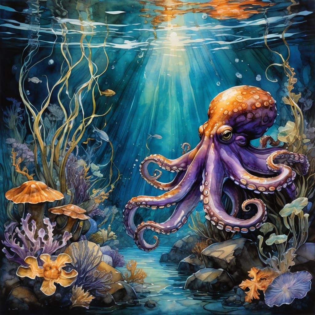 "An underwater scene featuring vibrant purple, orange and blue Octopus and electric eels" a kaleidoscope of light around...