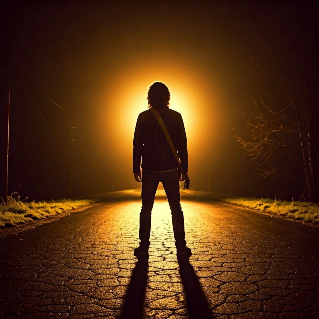 Guitarist at Crossroads in Golden Cinematic Light