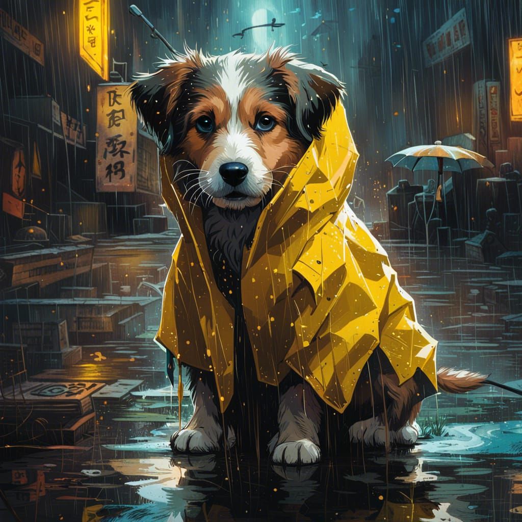 Puppy in Yellow Raincoat, Detailed Digital Art
