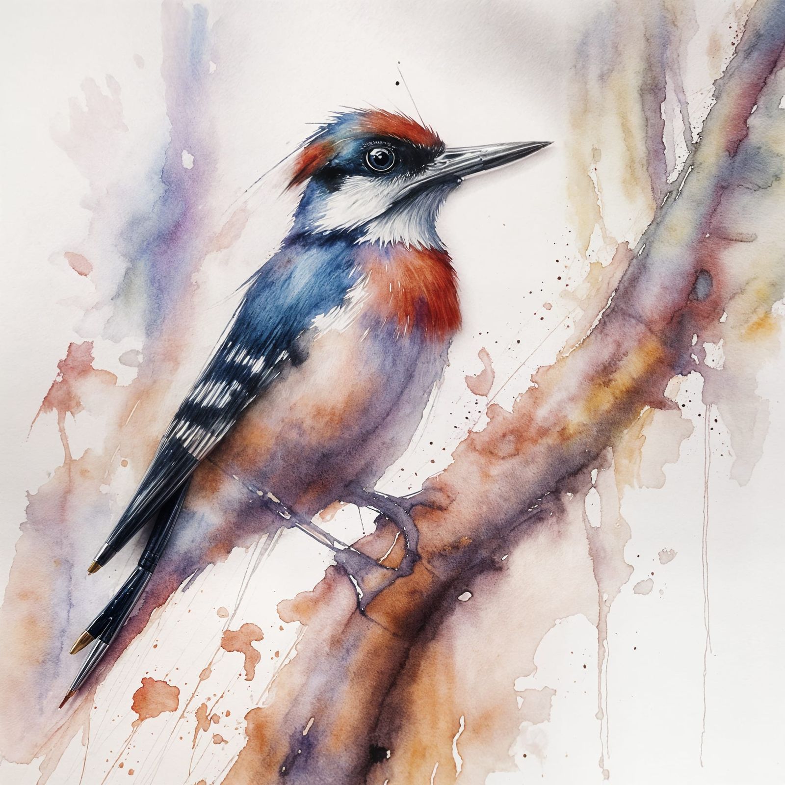 Tiny Woodpecker Pecks Tree Bark in Watercolour Style