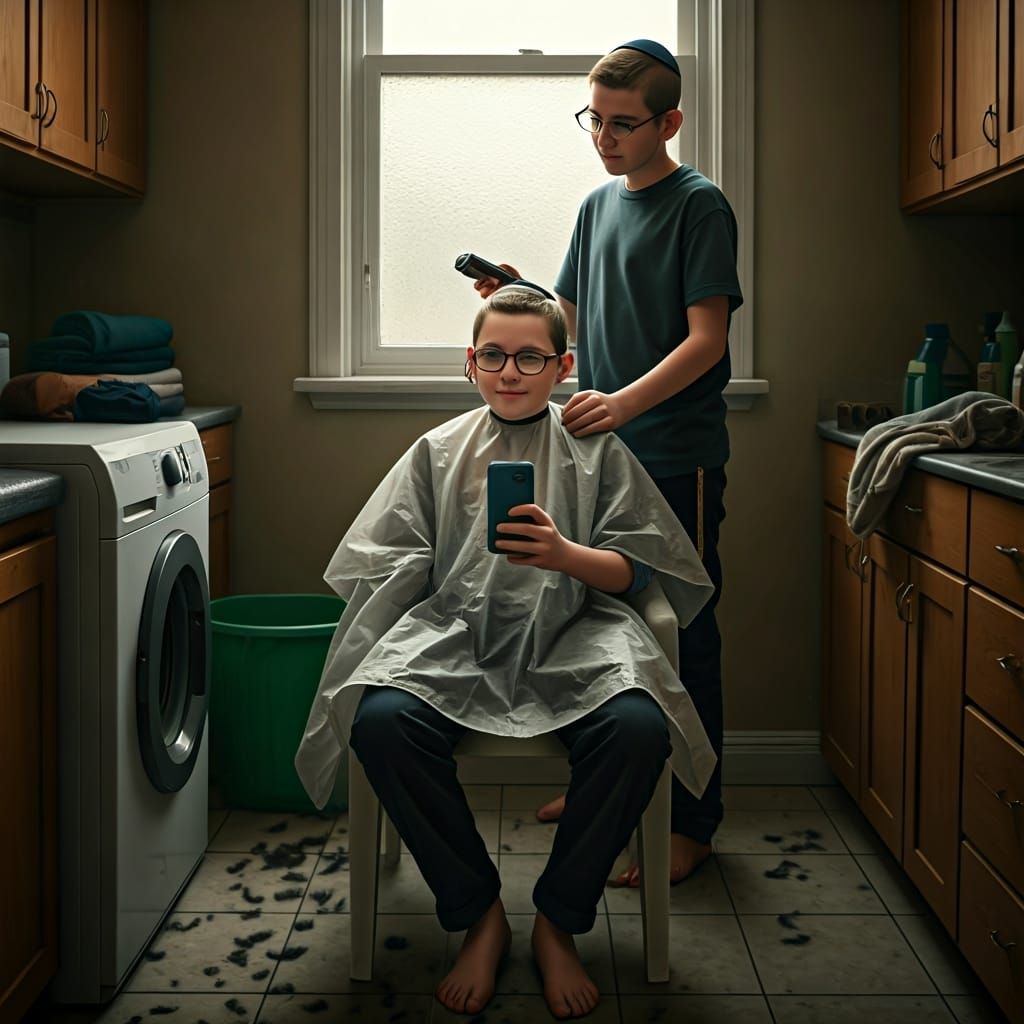 Boy's Haircut Selfie in Humid Laundry Room