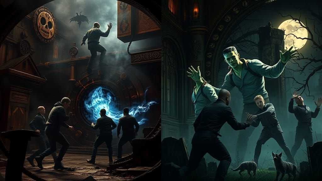 Ghostbusters and Monsters in Gothic Horror Scene