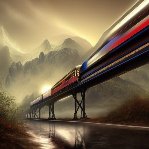 Train Crossing a Long Bridge in Detailed Matte Painting