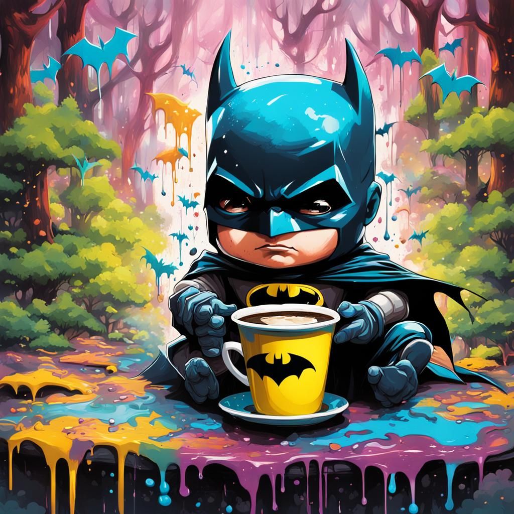 Baby Batman Drinks Coffee: Graffiti Art in Forest