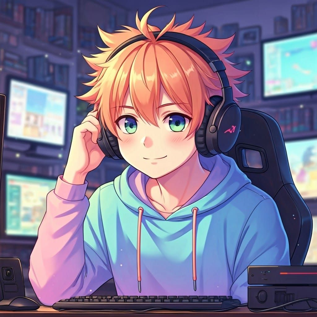 Anime Gamer Guy in Vibrant, Exaggerated Style